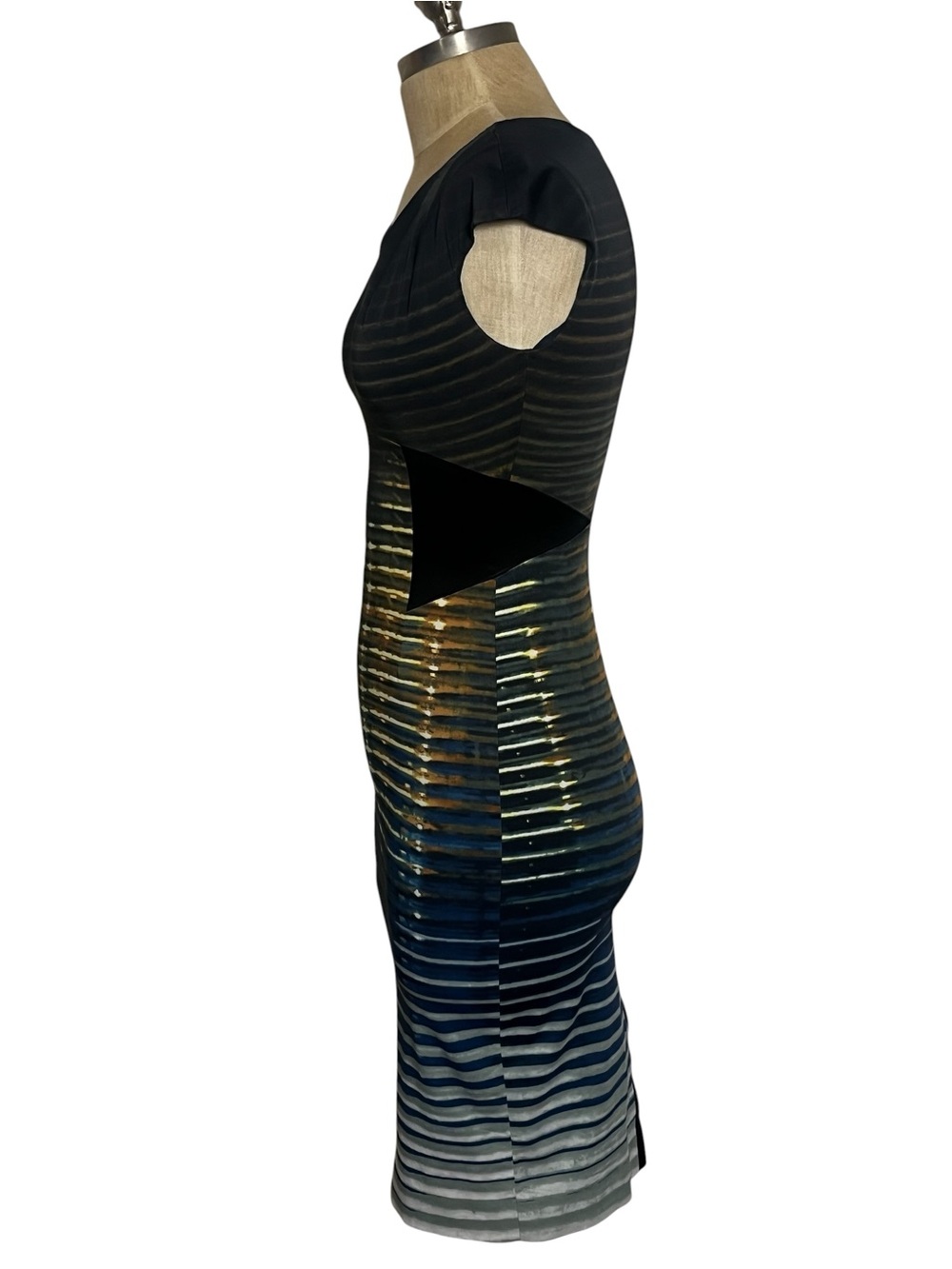 Karen Millen Abstract Ombre Stripe Bodycon Pencil Dress Blue Gold US 4 - Picture 7 of 12